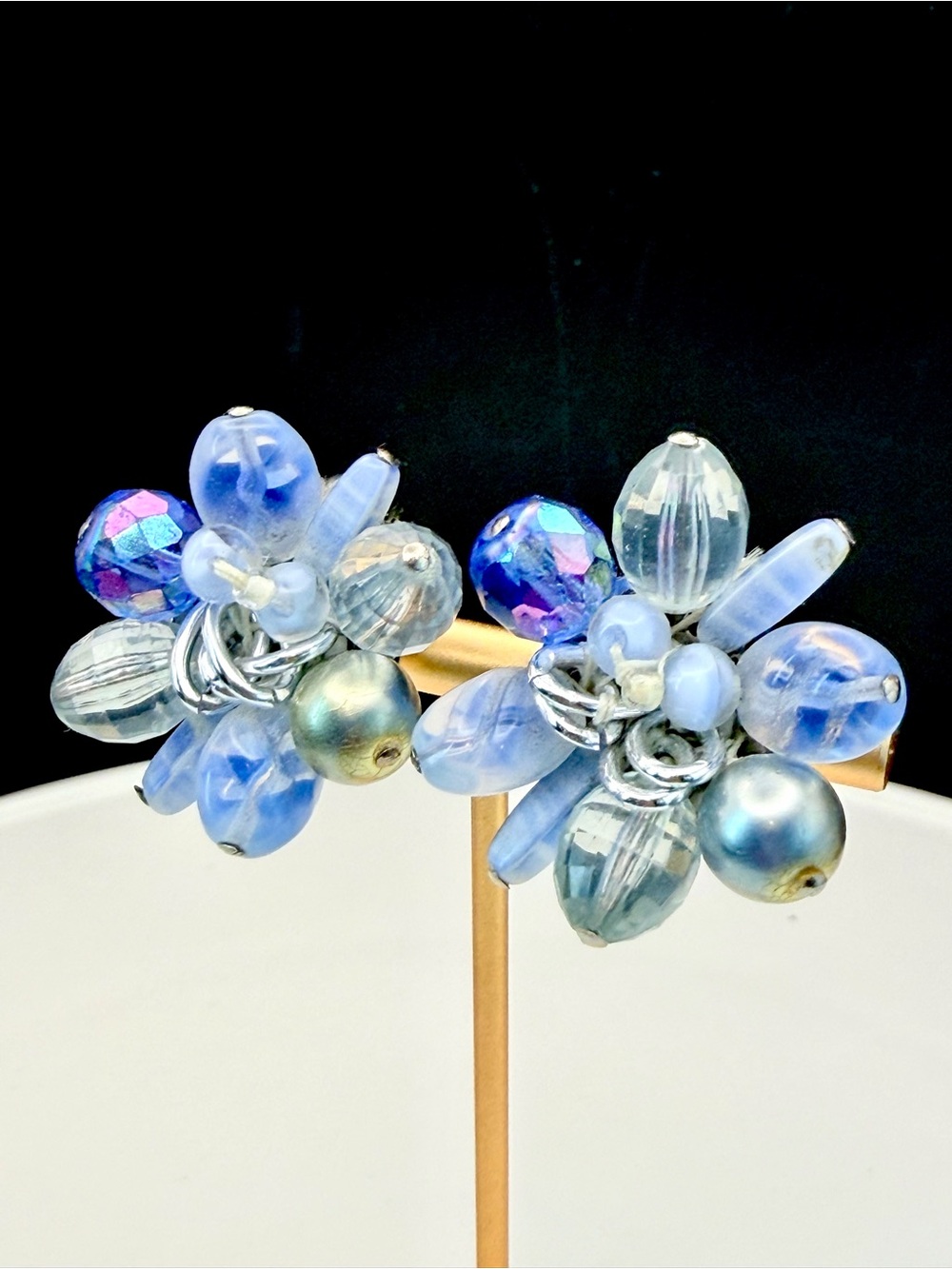 Vintage W Germany Blue AB Plastic Bead Cluster Clip On Earrings MCM